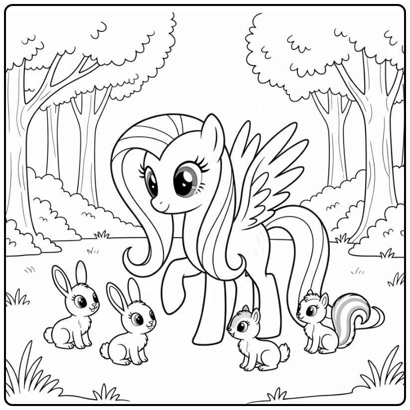 kleurplaat my little pony fluttershy met kleine bosdieren