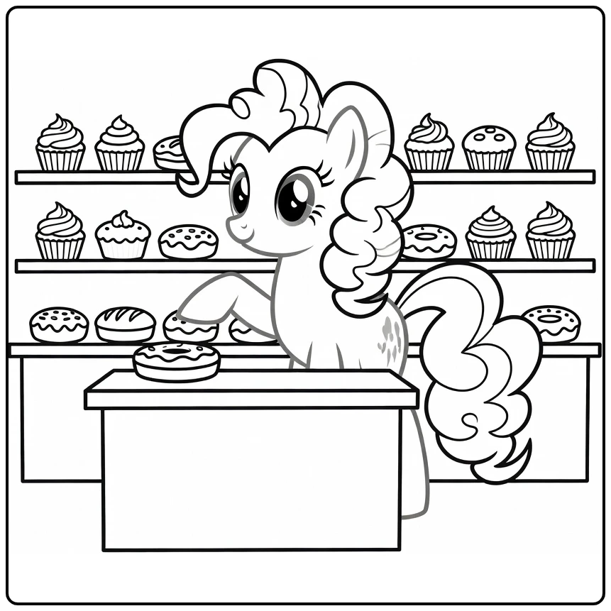 kleurplaat my little pony pinkie pie achter bakkerijtoonbank met cupcakes