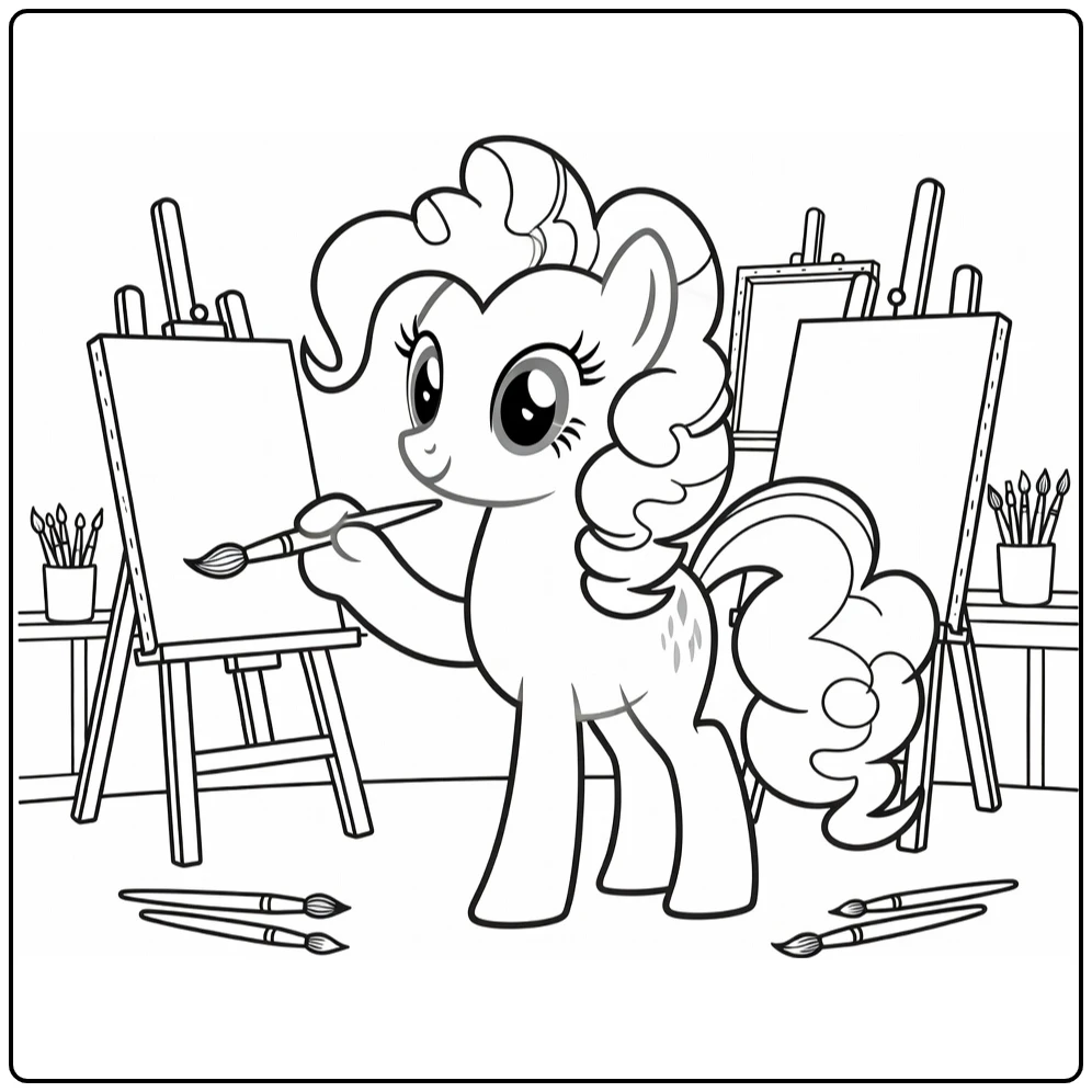 kleurplaat my little pony pinkie pie schildert in atelier