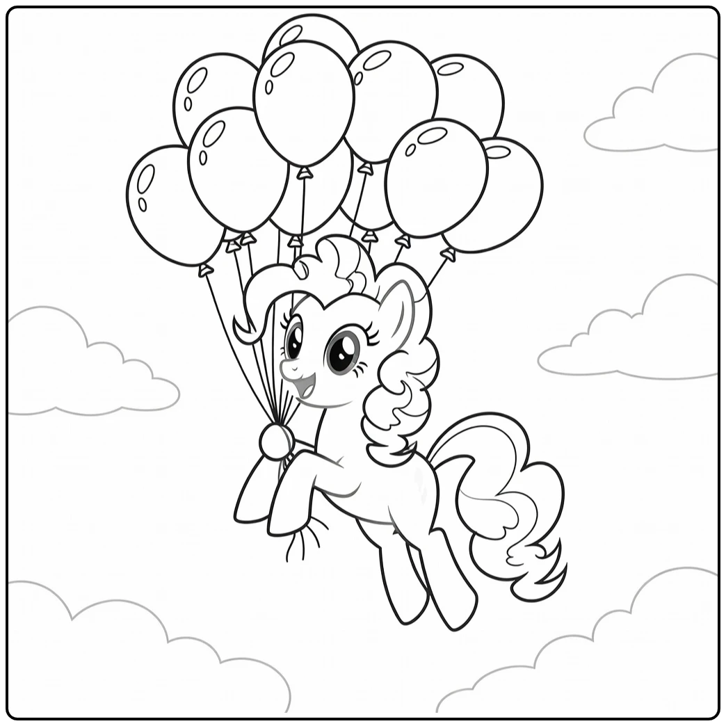 kleurplaat My Little Pony Pinkie Pie zwevend met ballonnen