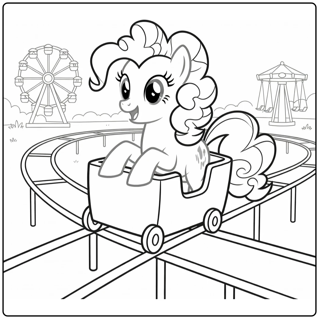 kleurplaat my little pony pinkie pie op kleine achtbaan in pretpark