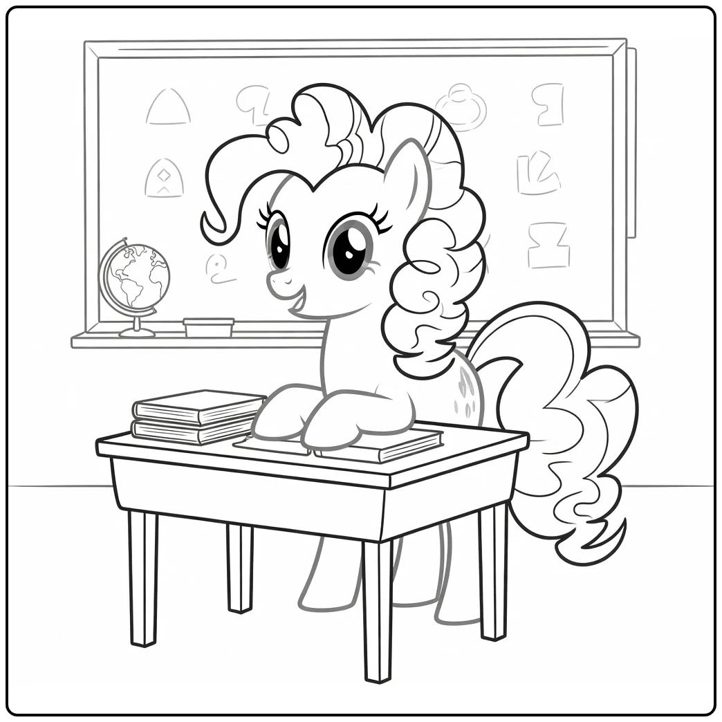 Kleurplaat My Little Pony Pinkie Pie in klaslokaal