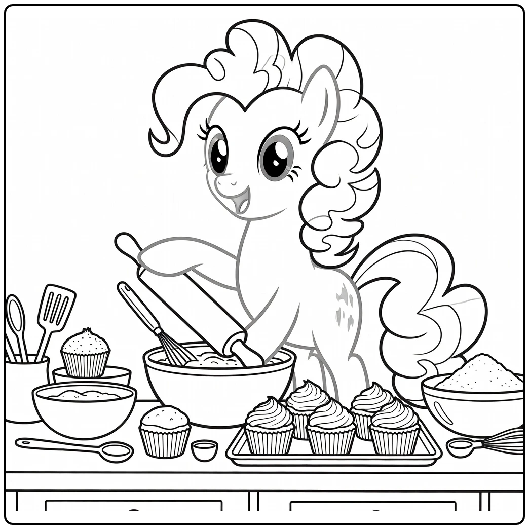 kleurplaat my little pony pinkie pie bakt cupcakes in knusse keuken