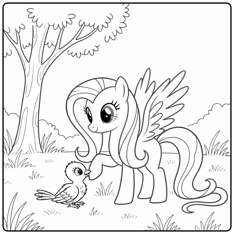 kleurplaat my little pony princess fluttershy met gewond vogeltje