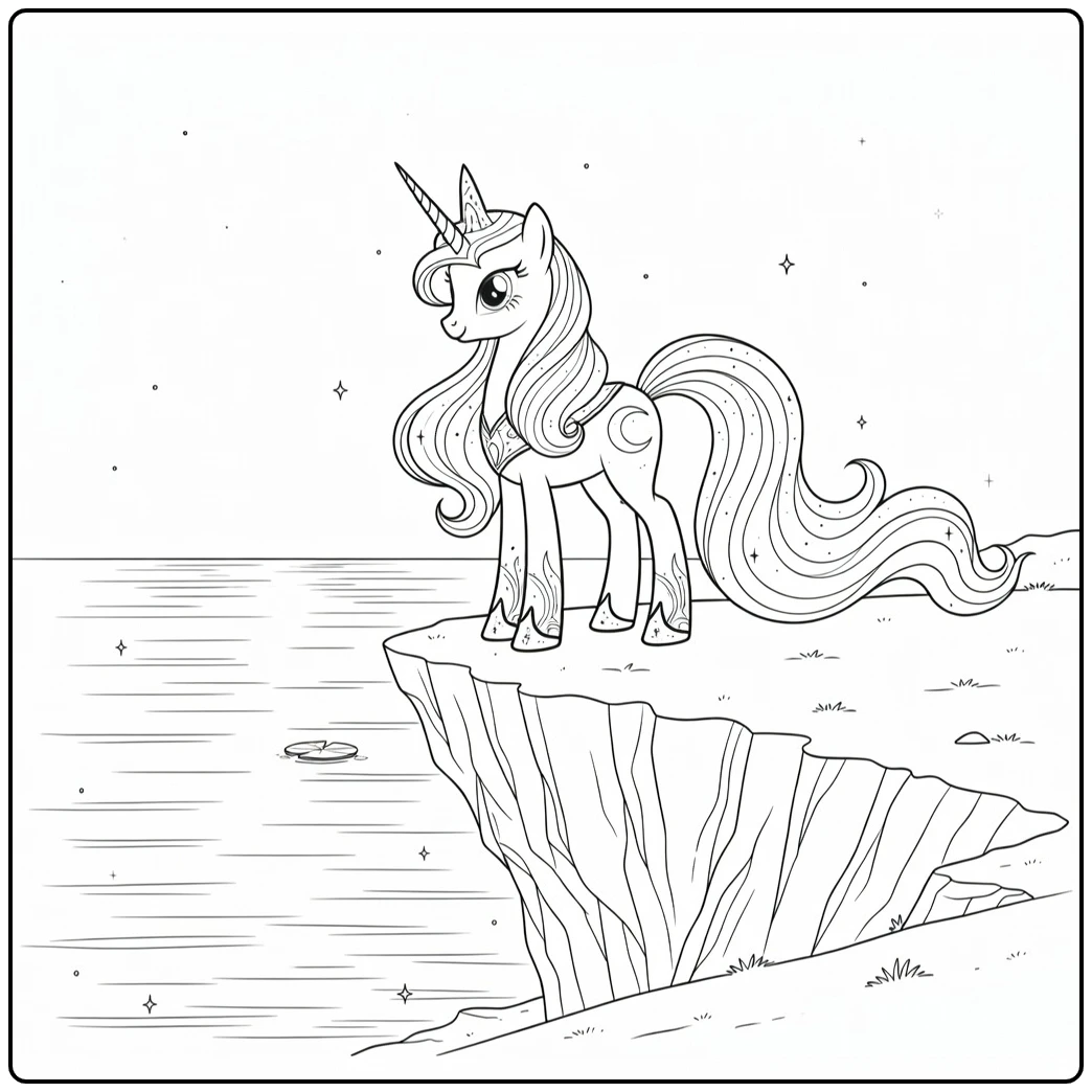 kleurplaat my little pony princess luna op klif met zee