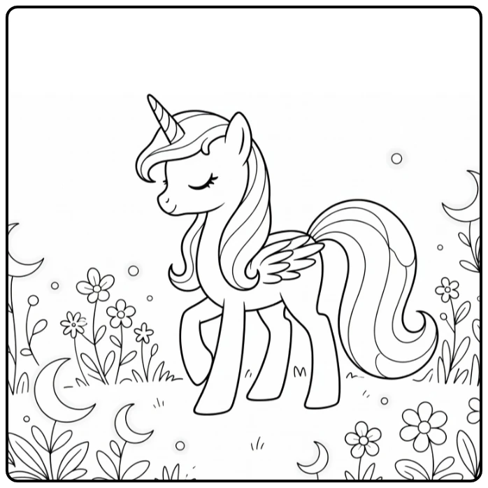 Kleurplaat My Little Pony Princess Luna in nachtuin manen