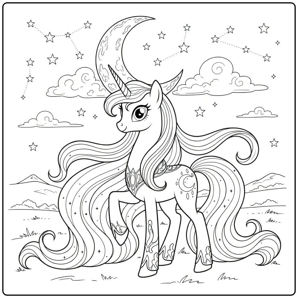 Kleurplaat My Little Pony Princess Luna eenhoorn met sterren