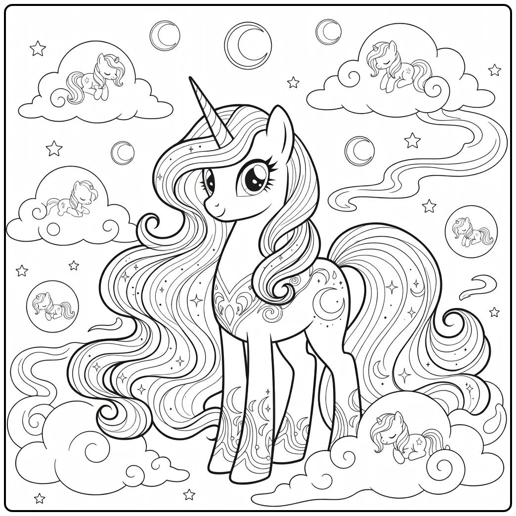 Kleurplaat My Little Pony Princess Luna op wolken met sterren