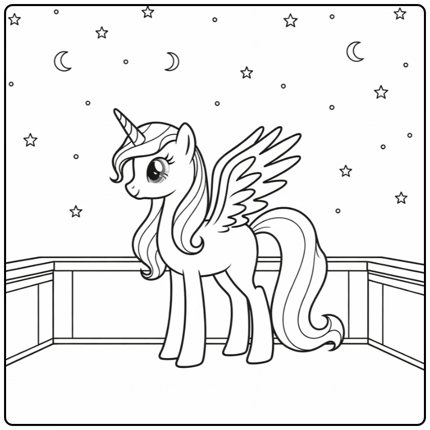Kleurplaat My Little Pony Princess Luna op nachtelijk balkon