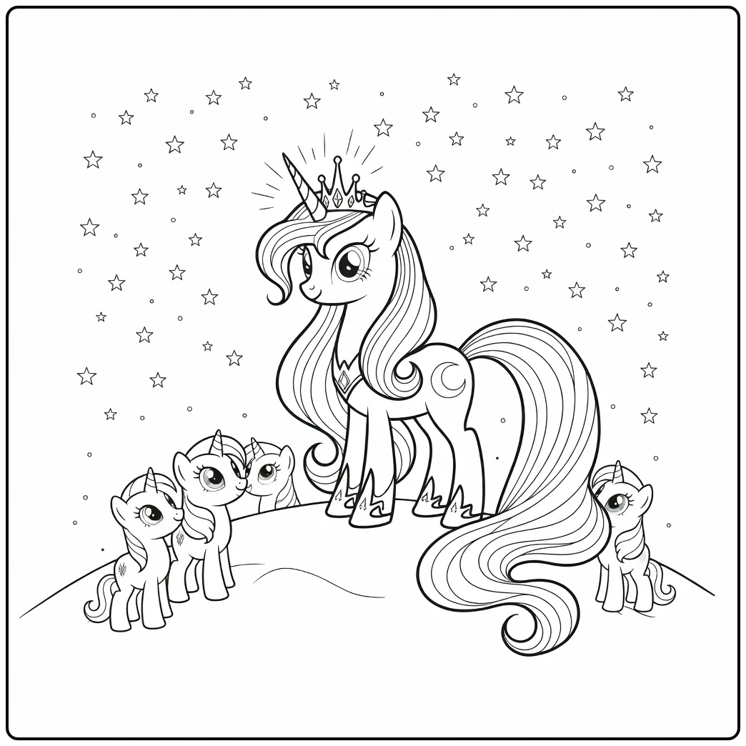 kleurplaat my little pony princess luna met kleine pony's