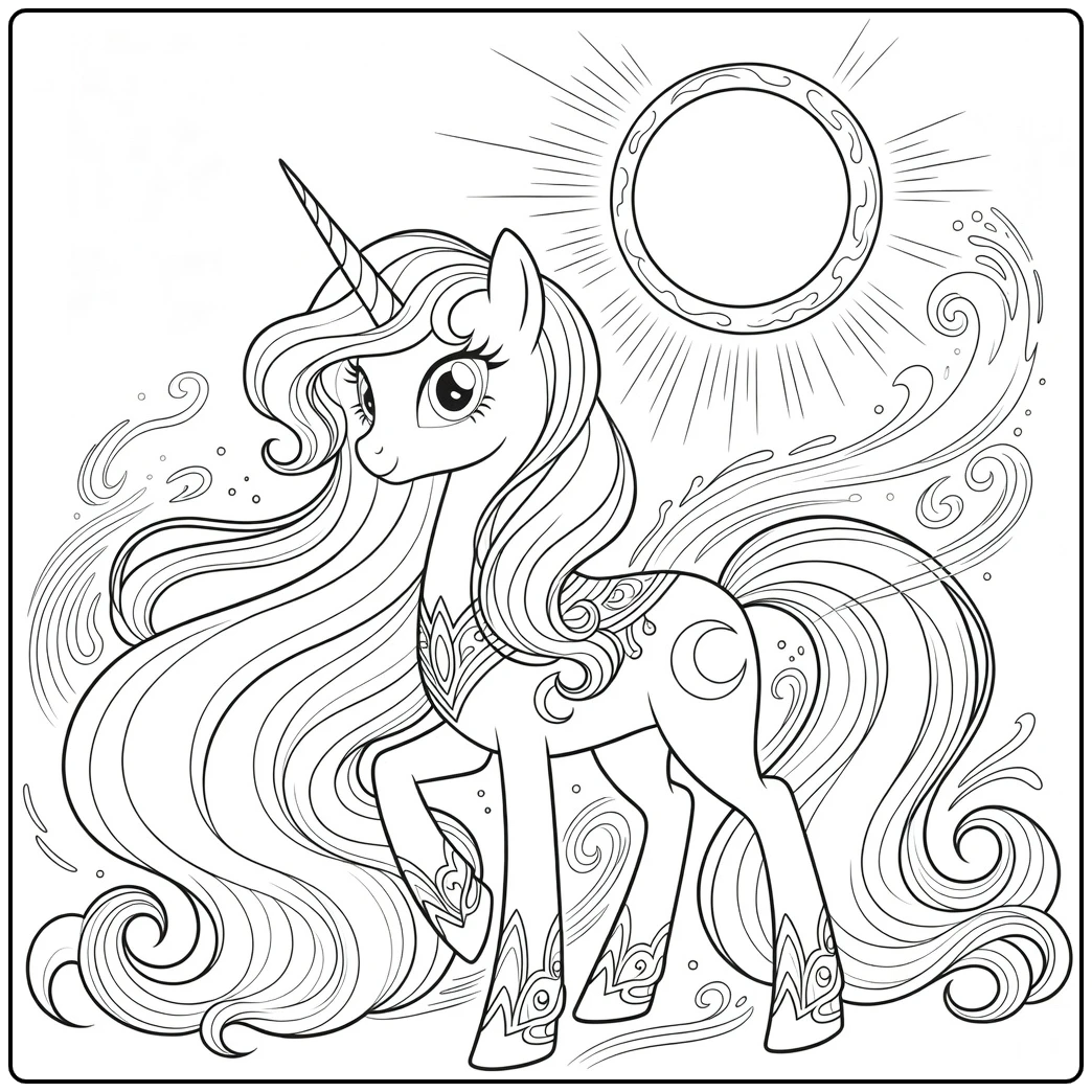 Kleurplaat My Little Pony Princess Luna met hoorn en manen