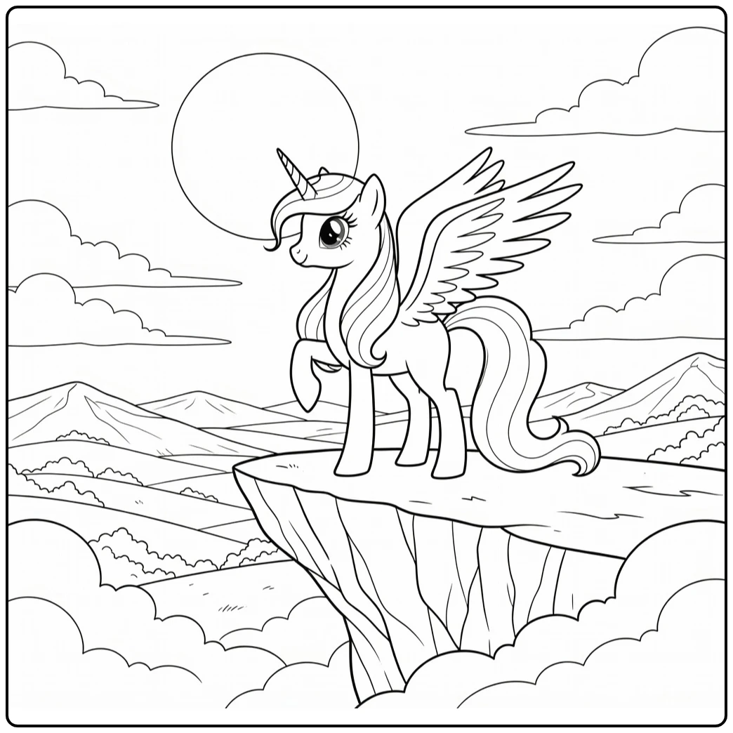 kleurplaat my little pony prinses celestia op klif zonsopgang