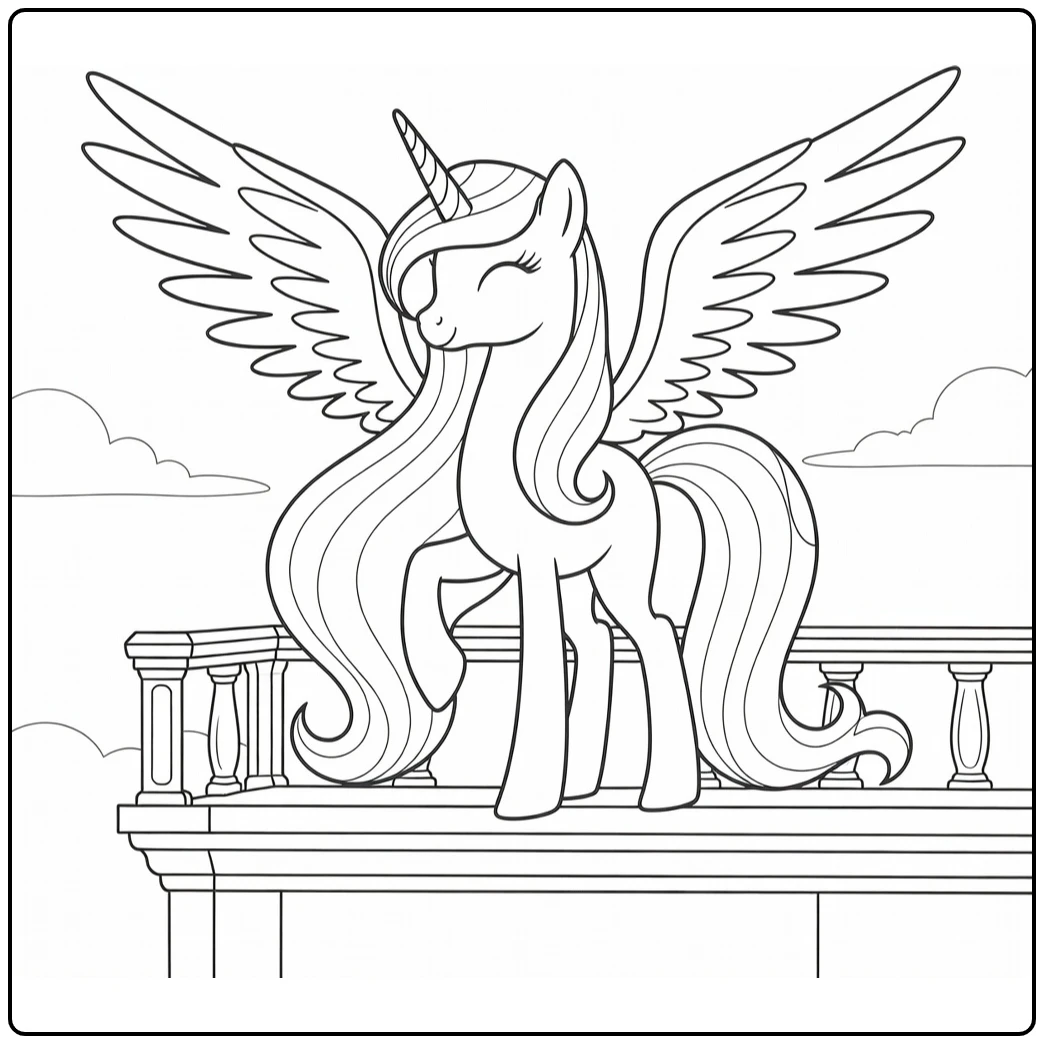 kleurplaat my little pony prinses celestia op balkon zonsopgang