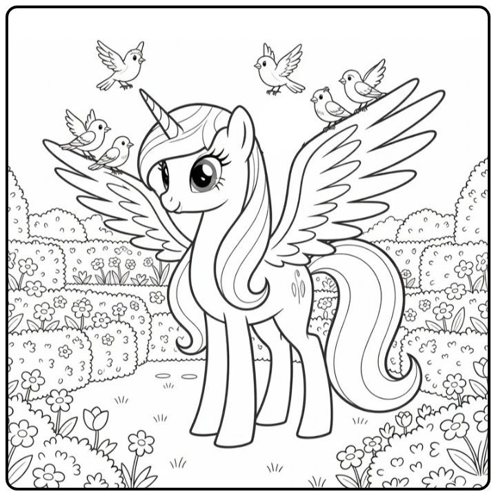 kleurplaat my little pony prinses celestia met vogels in tuin