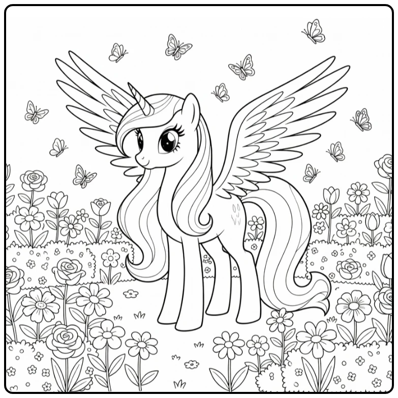 kleurplaat my little pony prinses celestia, koninklijke tuin