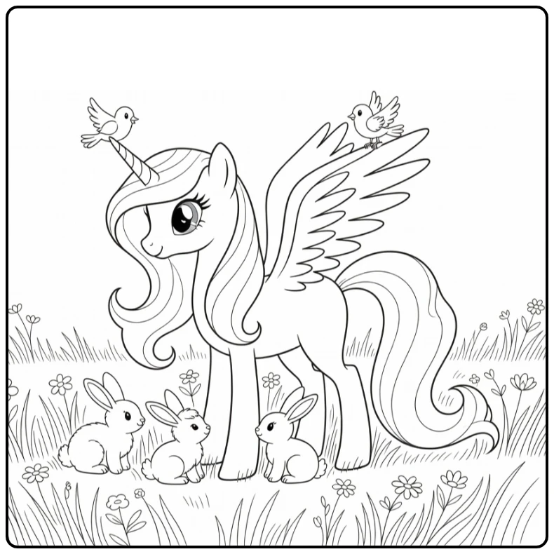 kleurplaat my little pony prinses celestia met dieren in wei