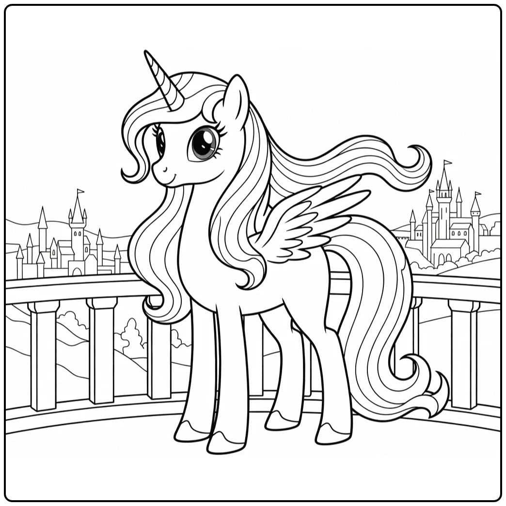 kleurplaat my little pony prinses celestia op kasteel balkon