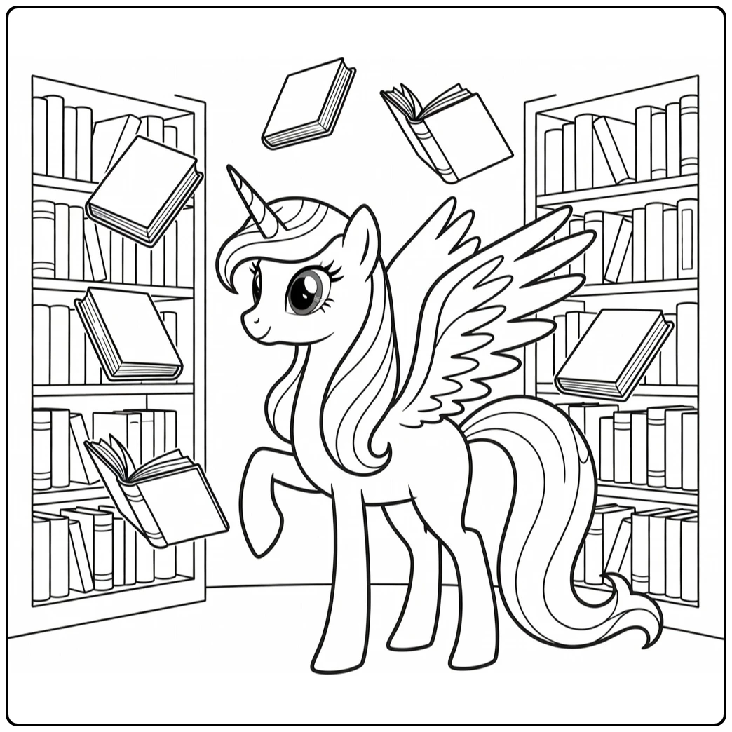kleurplaat my little pony prinses celestia in de bibliotheek