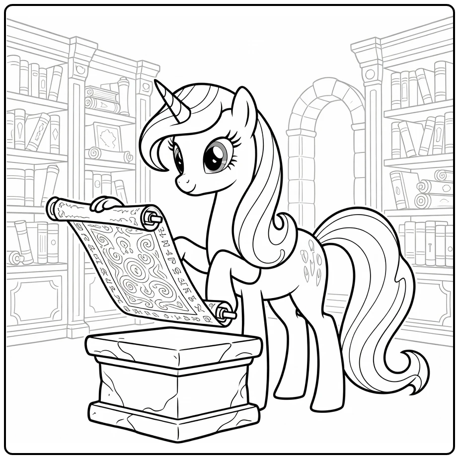 Kleurplaat My Little Pony Prinses Celestia bestudeert magische scroll