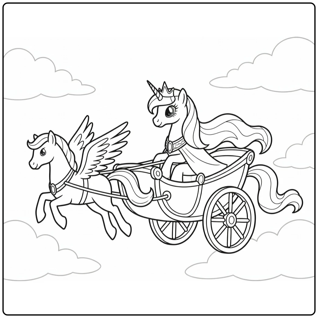 Kleurplaat My Little Pony Prinses Celestia in vliegende chariot met gevleugelde paarden