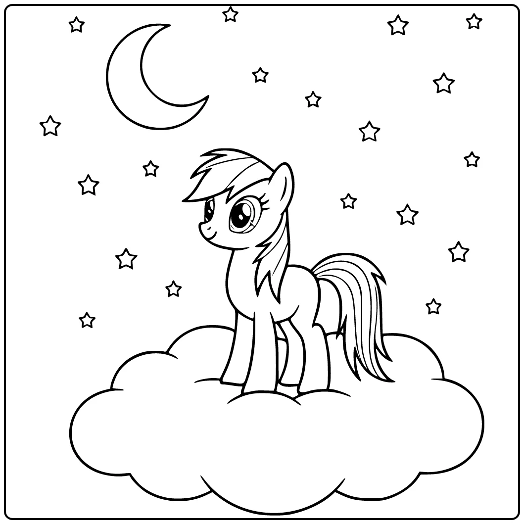 kleurplaat my little pony rainbow dash op wolk nachthemel