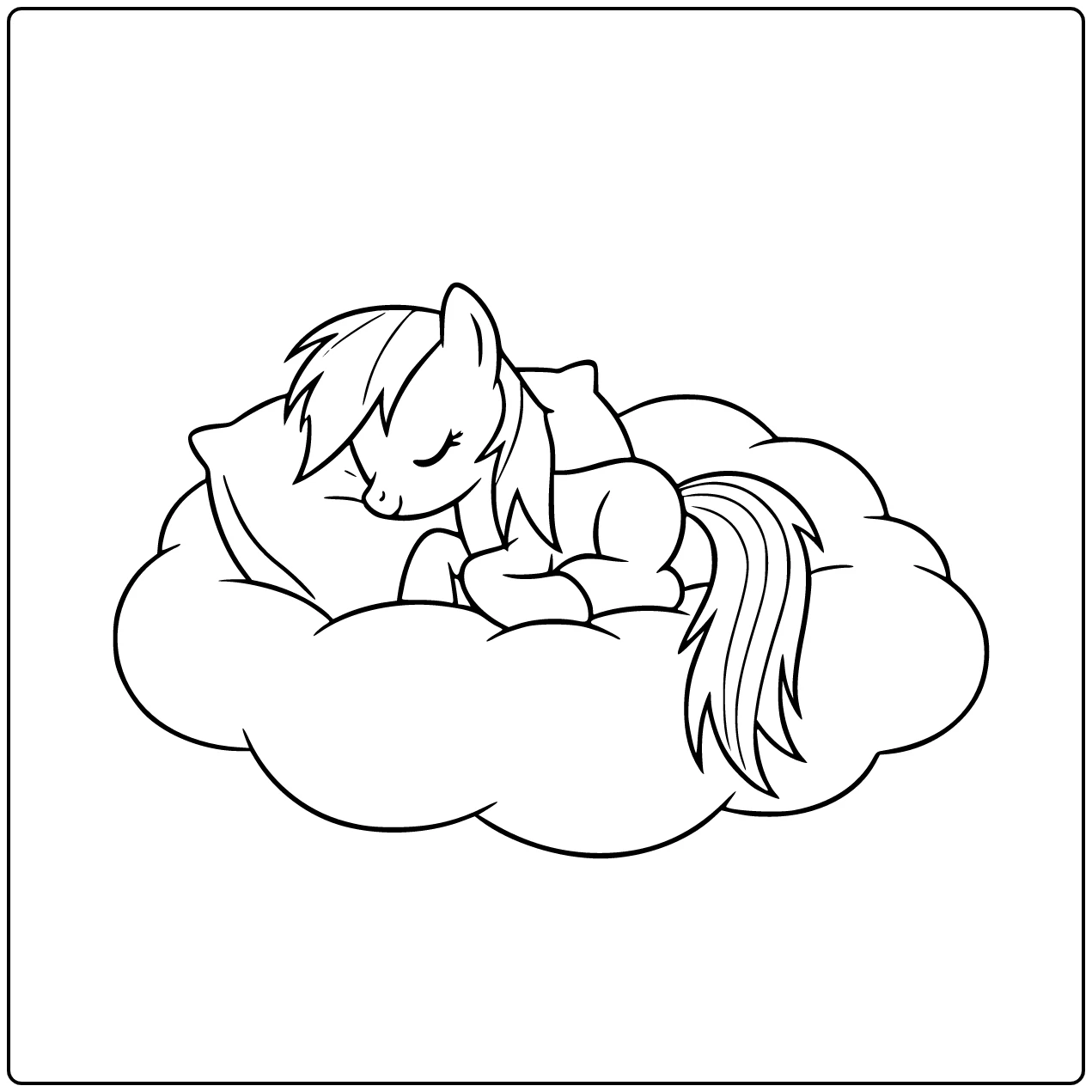 Kleurplaat My Little Pony Rainbow Dash op pluizig wolkenbed