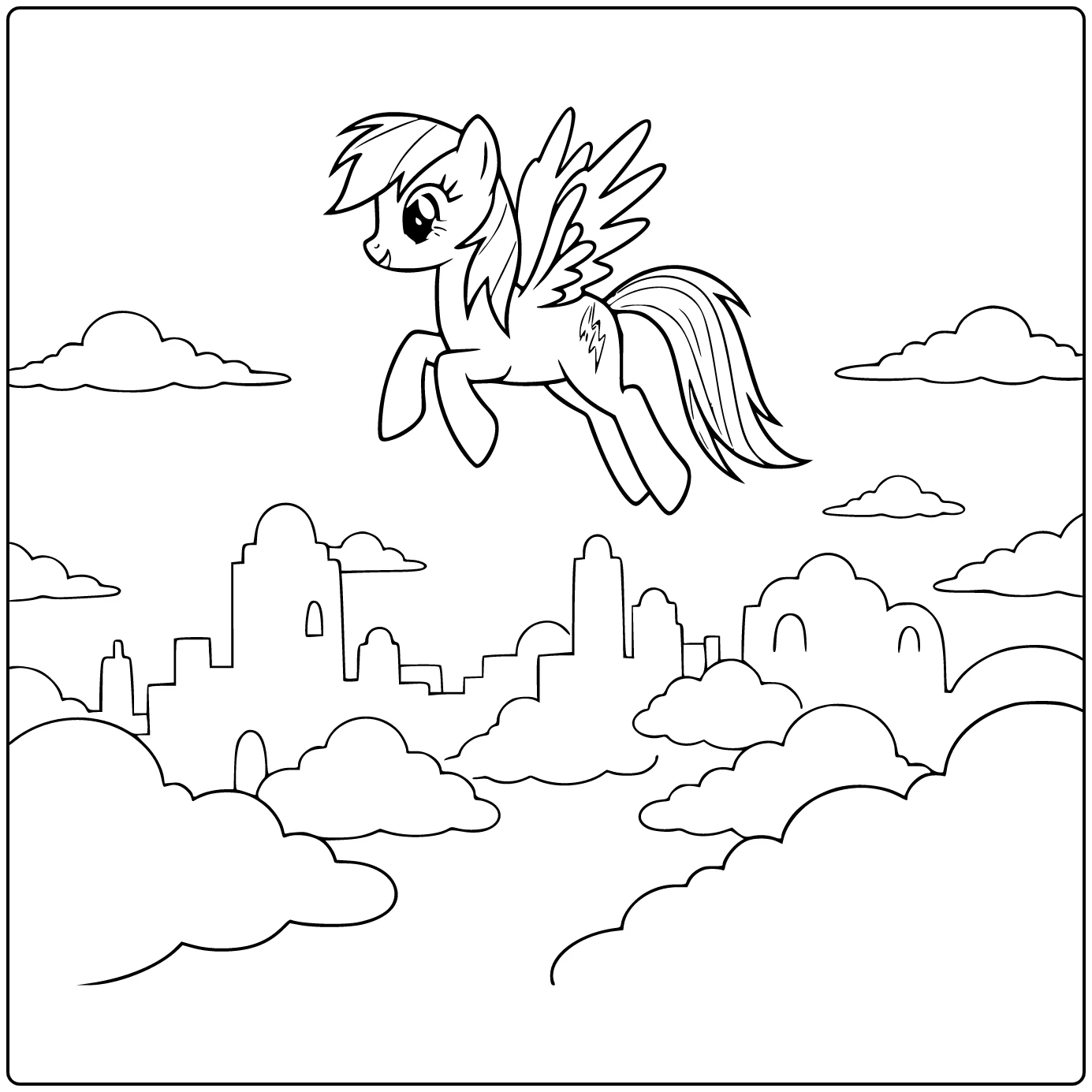 kleurplaat my little pony rainbow dash zweeft boven wolkstad