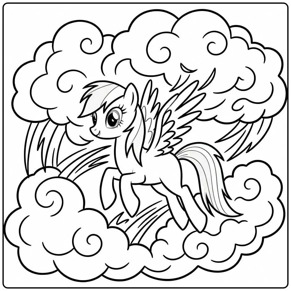 kleurplaat my little pony rainbow dash vliegt door donkere stormwolken