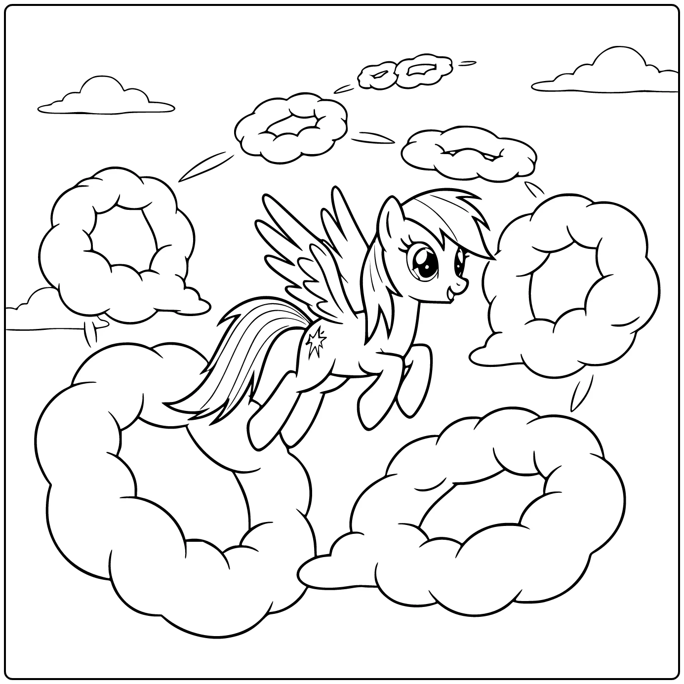 kleurplaat my little pony rainbow dash racet door de hemel