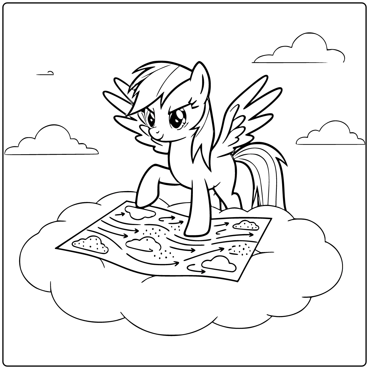 Kleurplaat My Little Pony Rainbow Dash bestudeert weerkaart
