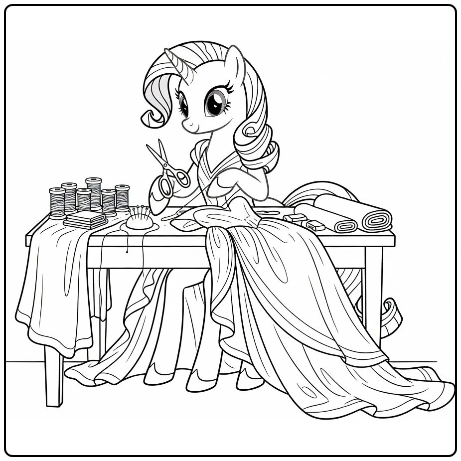 kleurplaat my little pony rarity naait prachtige jurk