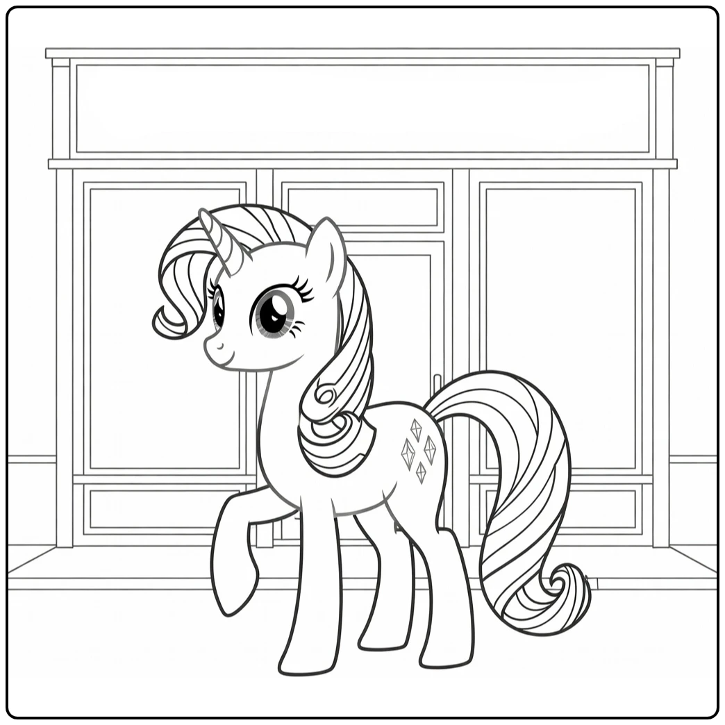 Kleurplaat My Little Pony Rarity prinses trots voor boetiek