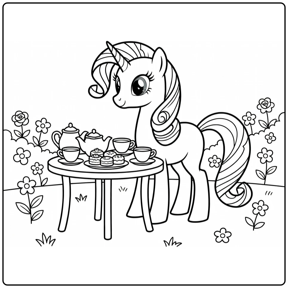 Kleurplaat my little pony rarity theepartijtje in tuin met kopjes