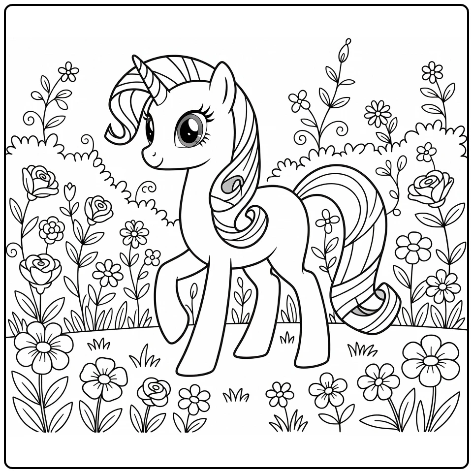 kleurplaat my little pony rarity wandelt door bloementuin