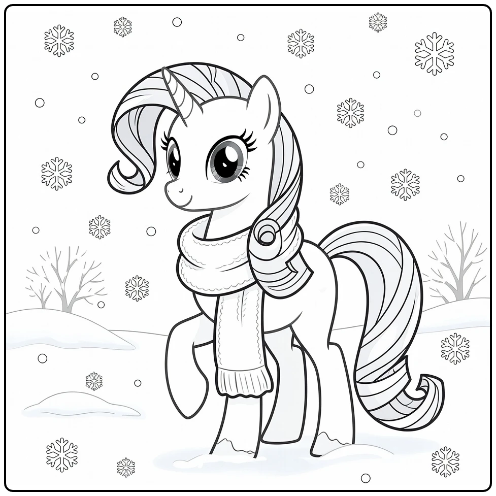 Kleurplaat My Little Pony Rarity met wintersjaal in sneeuw