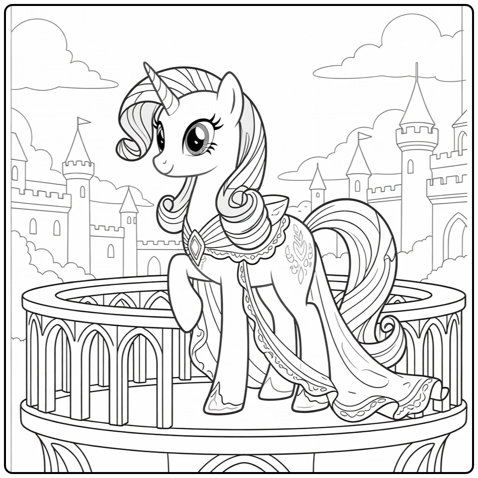 Kleurplaat My Little Pony Prinses Rarity op kasteelbalkon