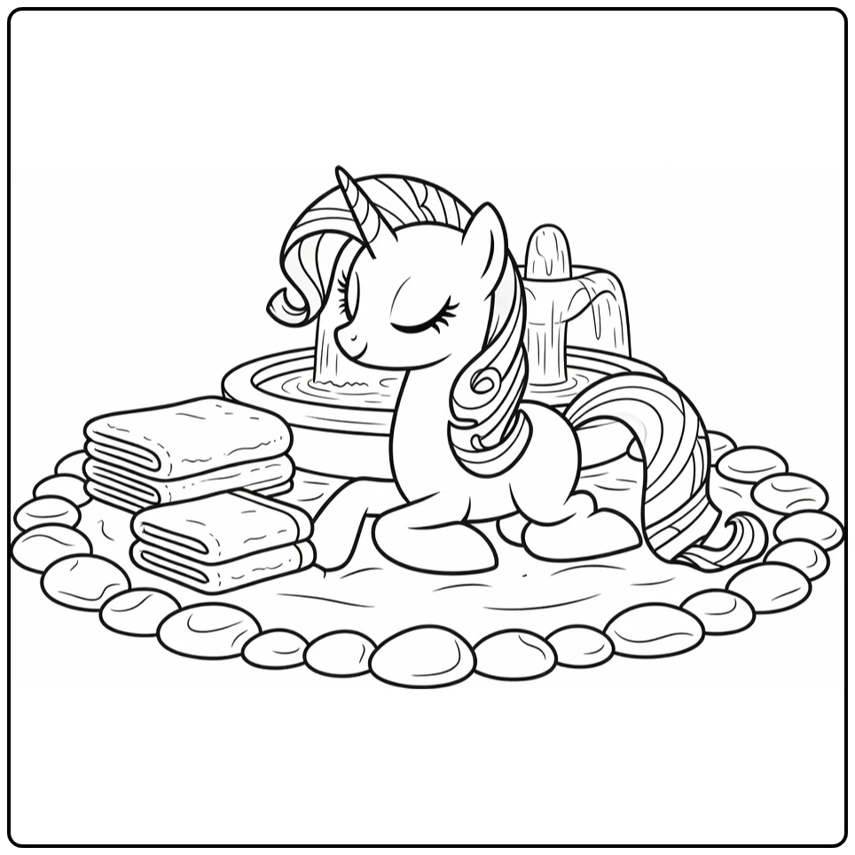 kleurplaat my little pony rarity ontspant in spa met fontein