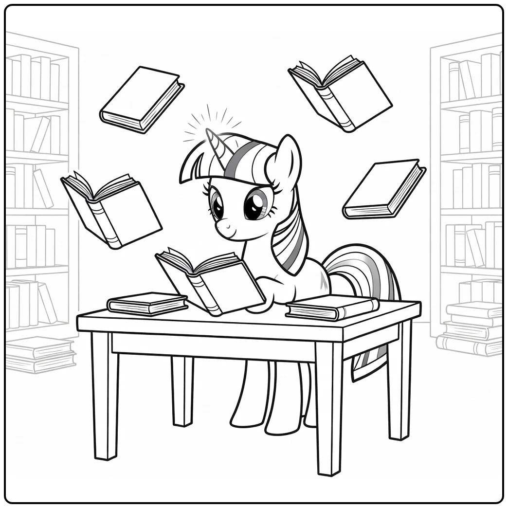 Kleurplaat My Little Pony Twilight Sparkle studeert magie