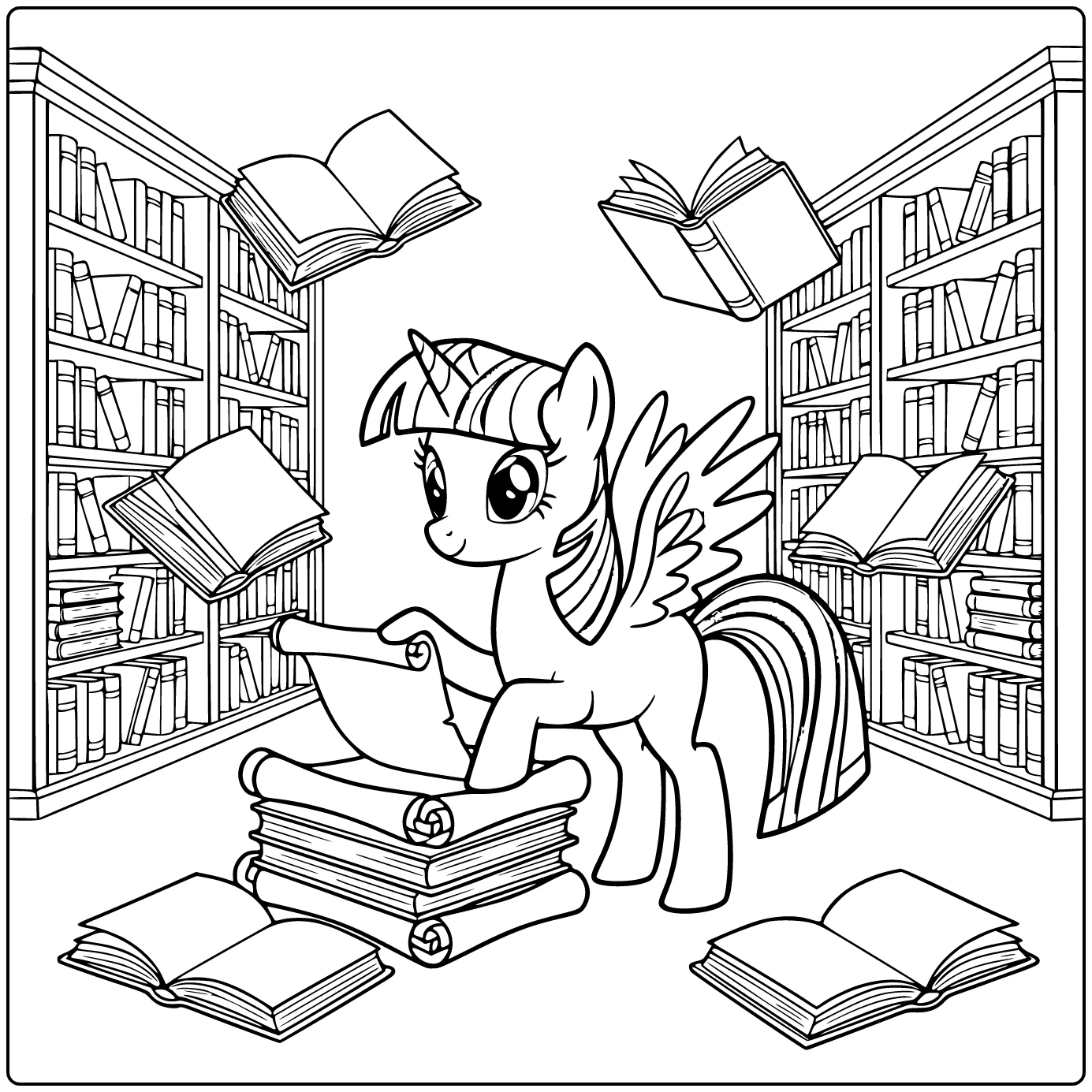 Kleurplaat my little pony twilight sparkle met magische scrolls
