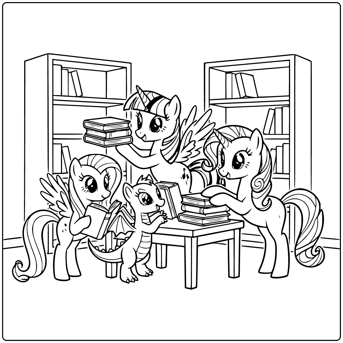 Kleurplaat My Little Pony Twilight Sparkle Spike Rarity Fluttershy boeken