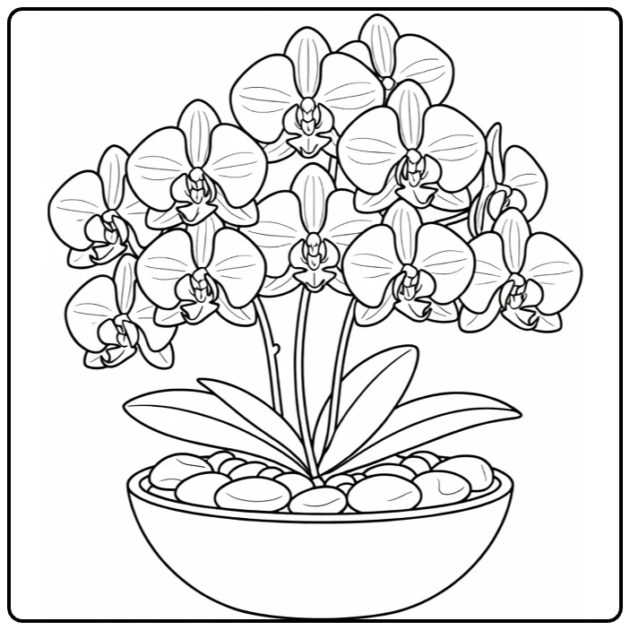 Kleurplaat orchidee met bloemen in kom met stenen
