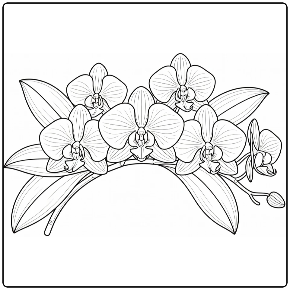 kleurplaat orchidee met drie bloemen op gebogen tak