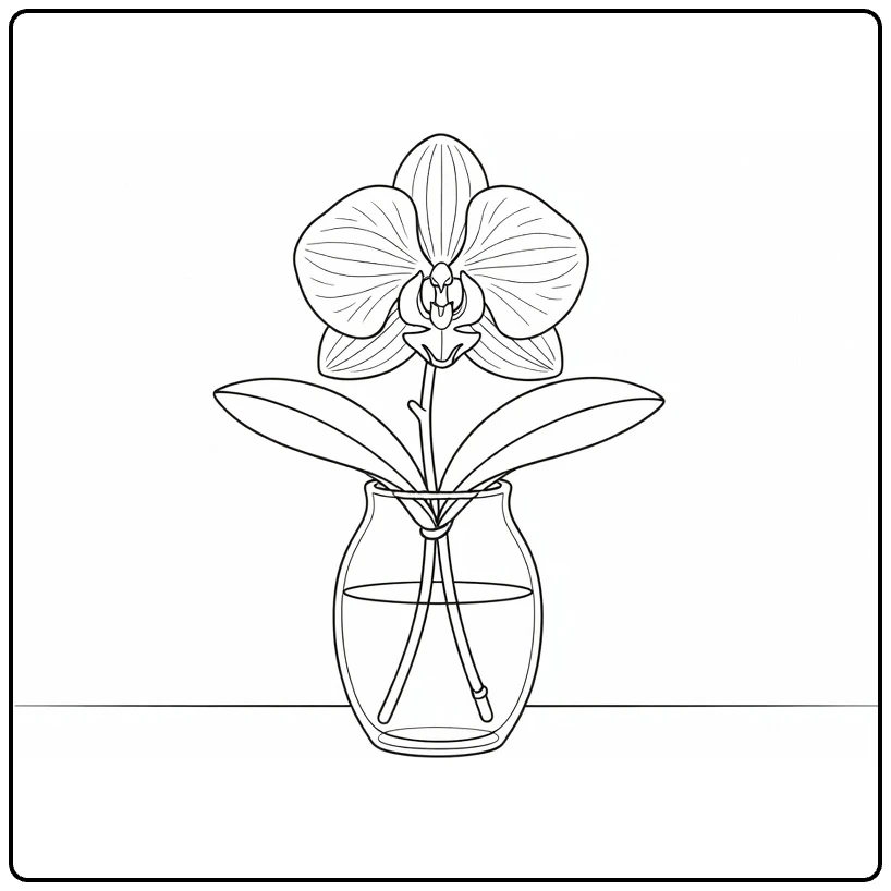 kleurplaat orchidee in glazen vaas met stengels