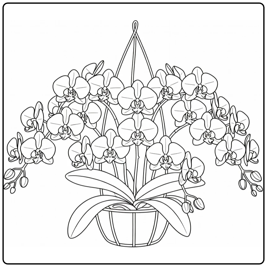 Kleurplaat orchidee met hangende mand en cascade bloei