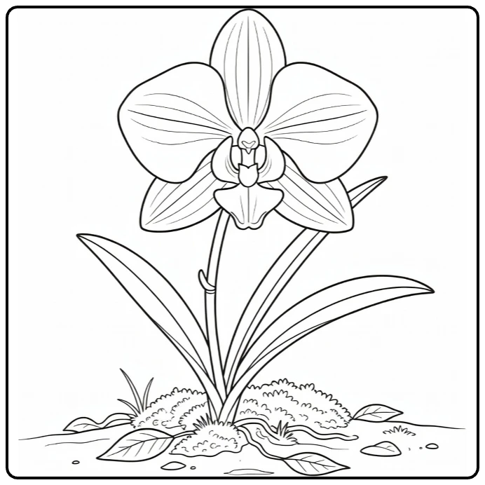 Kleurplaat orchidee op bosbodem met bladeren