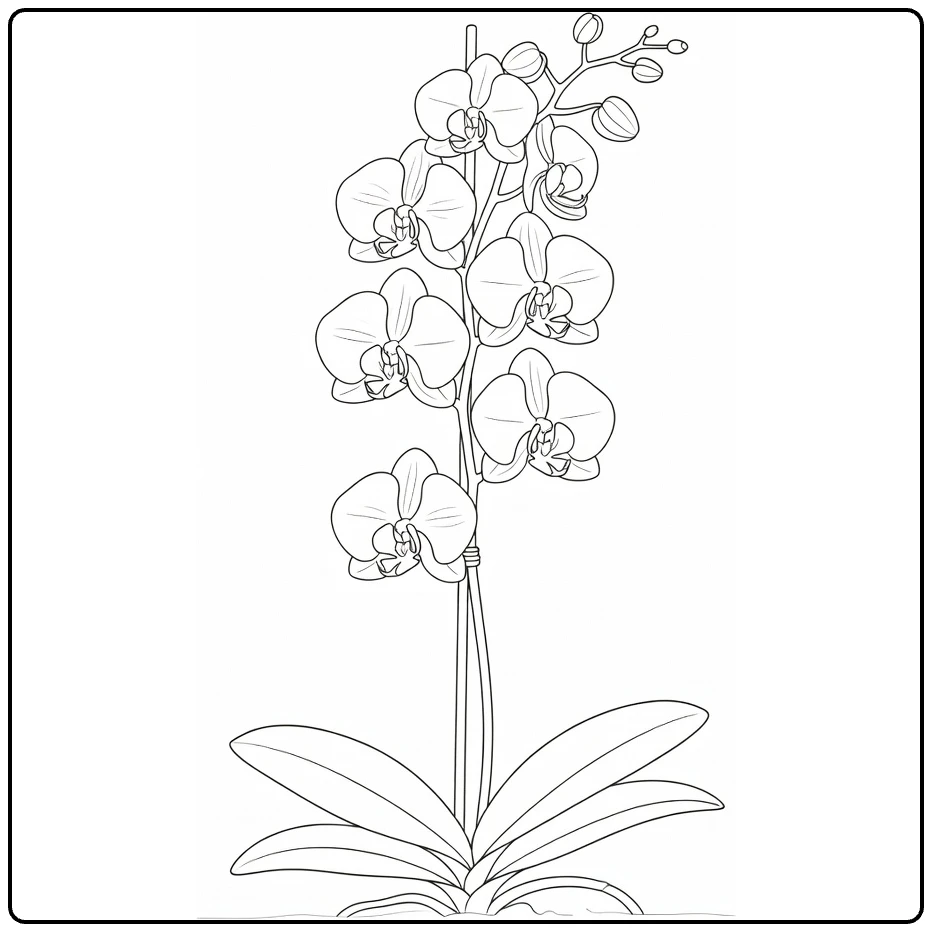 Kleurplaat orchidee met hoge steel en tuinstaak