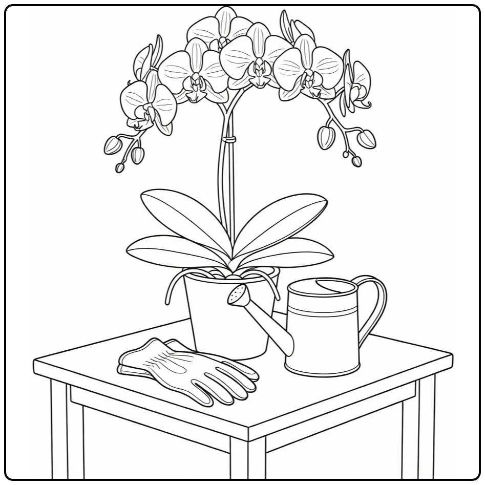 kleurplaat orchidee op tuintafel met gieter en handschoenen