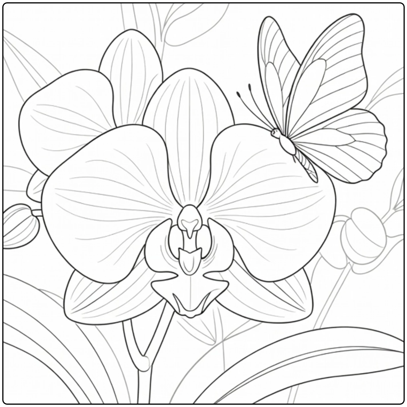 kleurplaat orchidee met vlinder bij bloem