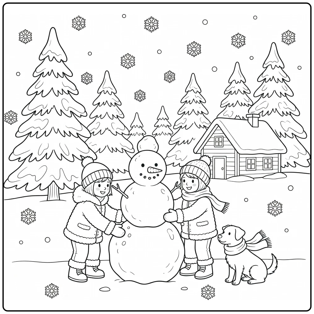 Kleurplaat seizoenen: kinderen maken sneeuwpop met hondje