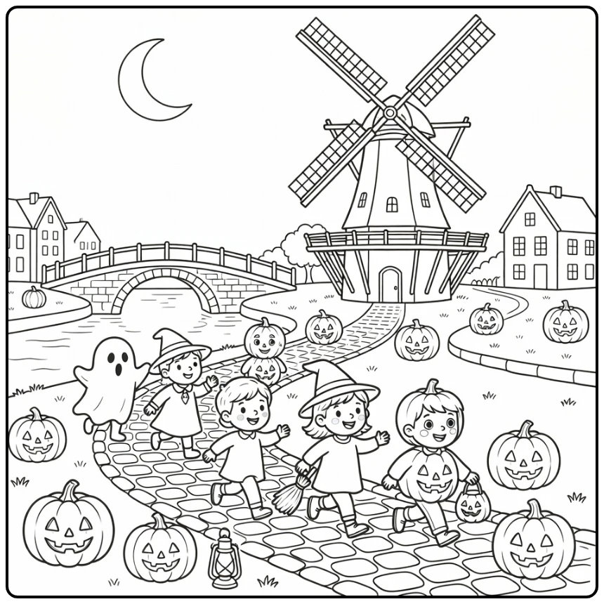 Kleurplaat vakantie: Halloween kids windmolen pompoenen